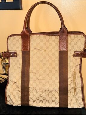 Gucci Beige and Brown Monogrammed Men's Tote Briefcase